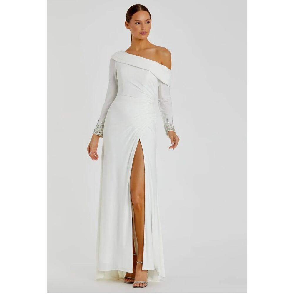 NEW Mac Duggal 12231 White Beaded Cuff Drop Shoulder Faux Wrap Gown size 6